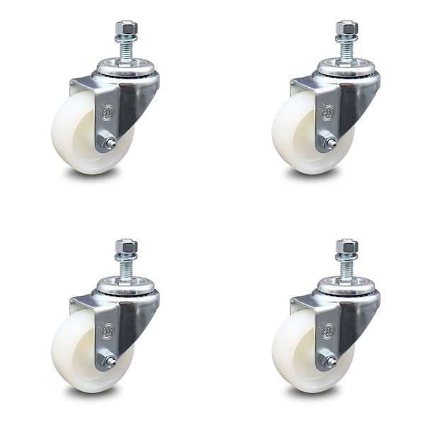 3 Inch Nylon Wheel Swivel 12mm Threaded Stem Caster Set
